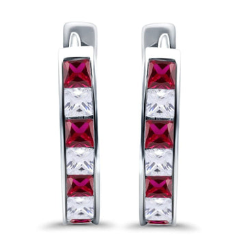 Half Eternity Hoop Earrings Princess Cut Simulated Ruby CZ 925 Sterling Silver (14mm)